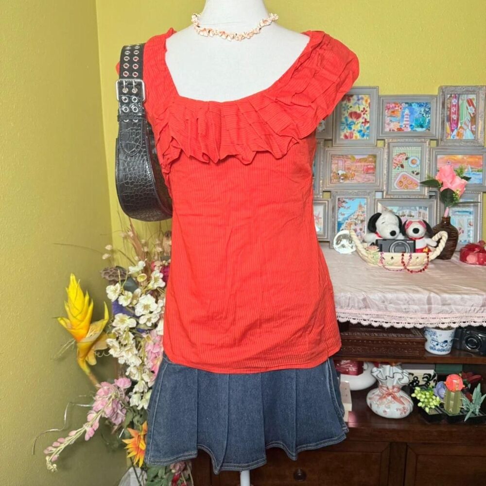 Y2K Orange Red Ruffle Blouse Double Layer Side Zip Back Button Top S